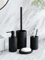4 Teiliges Badezimmer Zubehörset aus Keramik | Seifenspender Zahnputzbecher Halter und Seifenschale | Bad Accessoires | Novera