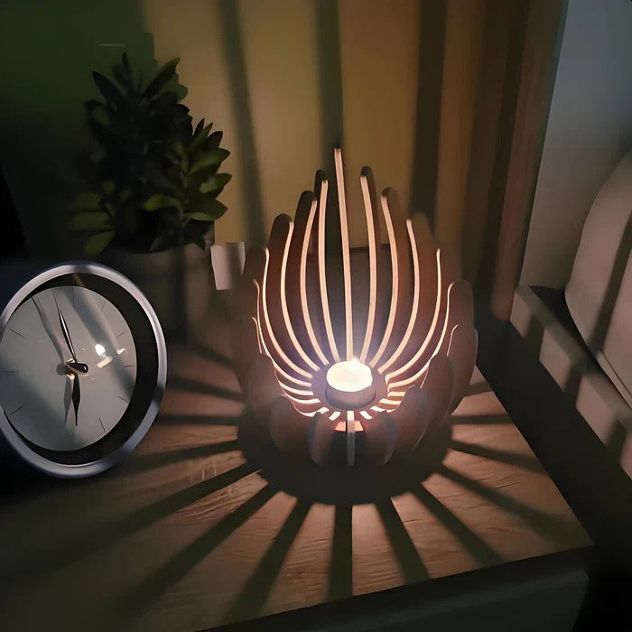 Lotus-Kerzenhalter aus Holz | Naturholz mit Blumenform | 15 cm Boho-Dekoration