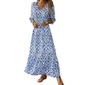 Damen Maxikleid aus Polyester | Lockerer V-Ausschnitt Schnitt | Geometrisches Langarm Knöchelkleid für Alltag & Freizeit | Novera