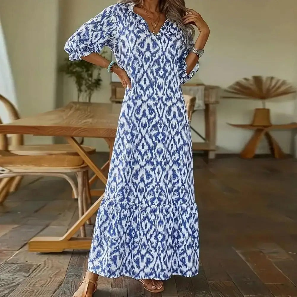 V-Ausschnitt Geometrisches Print Maxikleid - Locker Geschnittenes Knöchellanges Freizeitkleid